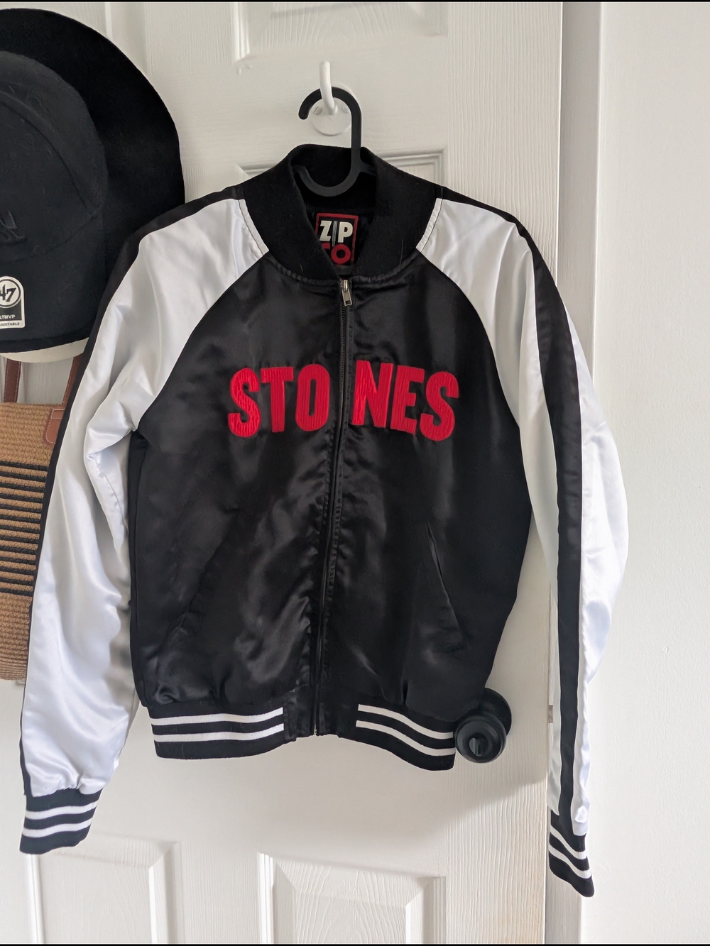 STONES Black & White Satin Bomber Jacket with Red Lettering